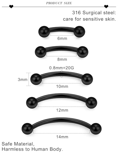 20G 16G 14G 12G Eyebrow Ring Piercing Jewelry Surgical Steel Vertical Labret Lip Ring Rook Daith Earrings Navel Small Tiny Belly Button Ring Piercing Jewelry for Women Men Silver Black Gold - color: Black, size: 20G