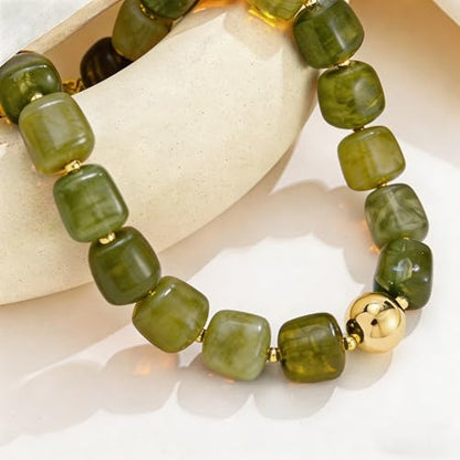 Colorful Statement Chunky Beaded Necklace for Women Trendy Y2K Boho Choker | Large Square Resin Beads Bold Summer Vacation Jewelry - color: Light green