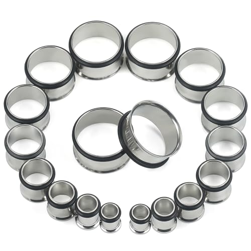 12G-25mm Single Flare Gauges Tunnels Plugs Stretching Set Kit 316L Surgical Steel Gauges Tunnle Plug for Ears 12G 10G 8G 6G 4G 2G 0G 00G 12mm 14mm 16mm 18mm 20mm 22mm 25mm - color: Silver Tone, size: 12G(2.0mm)-14mm