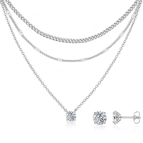 14K Gold Plated Necklace and Earrings Set for Women, 4-Piece | Layered Choker Necklace with CZ Stud Earrings, Gold Jewelry Set, Hypoallergenic Jewelry Gift for Women - color: Silver