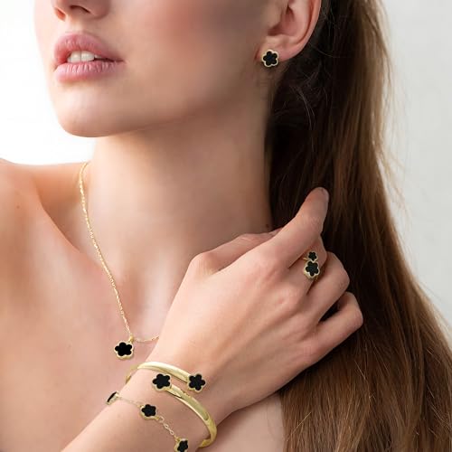 Lucky Flower Alloy Jewelry, Lucky Flower Design Necklace Earrings Bracelet Bangle Ring Jewelry Set, Clover Gold Plated Chain Wrap Ornament & Plush Pouch for Women - color: Black