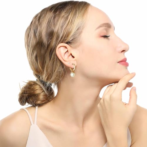 Small Chunky Gold Hoop Earrings For Women, 14k Gold Thick statement huggie hoop earrings Trendy Hoop Earrings Set Hypoallergenic Fashion Earrings - color: Pearl drop