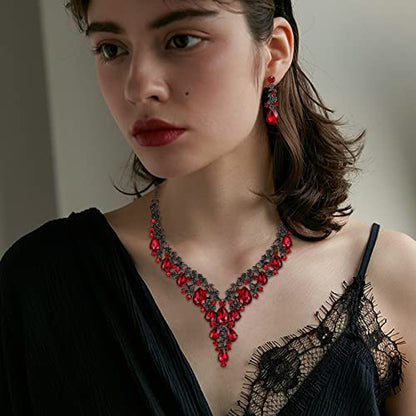 BriLove Women's Wedding Bridal Austrian Crystal Teardrop Flower Cluster Statement Necklace Dangle Earrings Jewelry Set for Party Prom - color: 2Pcs-Ruby Color Black-Tone