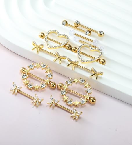 Suotarn 14G INNINipple Rings for Women 316L Stainless Steel Heart Cherry,Star Butterfly Nipple Barbell CZ Cute Nipple Rings Set Nipplerings Piercing Jewelry - color: gold