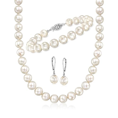Ross-Simons 8-9mm Cultured Pearl Jewelry Set: Bracelet, Necklace and Drop Earrings With Sterling Silver. 18 inches