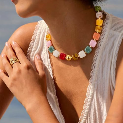 VIBILIA Boho Beaded Chunky Statement Necklace for Women Y2K Summer Jewelry | Boho Handmade Large Resin Bead Strand, Trendy Statement Summer Vacation Holiday Jewelry - color: Square-Colorful
