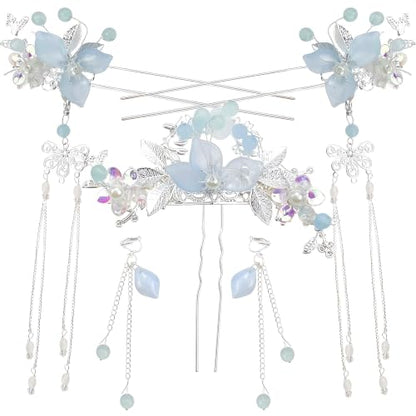 5 Pcs Flower Pearl Tassel Hairpins & Rhinestone Hair Clips, Vintage Chinese Hanfu Bridal Wedding Headpieces Hair Accessories for Women Girls Updo Hairstyle