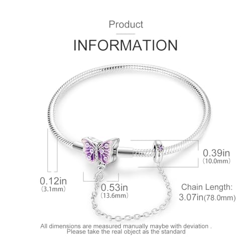 MULA 925 Sterling Silver Snake Chain Charm Bracelet Butterfly Heart Clover with 5A Cubic Zirconia Bracelets for Women - color: Purple Butterfly