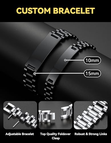 ChainsHouse Men Stainless Steel Bracelet Adjustable Custom ID Engraved Gift | Personalized Silver/Gold/Black for Birthday Father Husband Boyfriend with Gift Box Adjustable Tool 10mm/15mm/15.5mm 8.3"/8.7" - color: Q.15mm Width-Black-No Custom