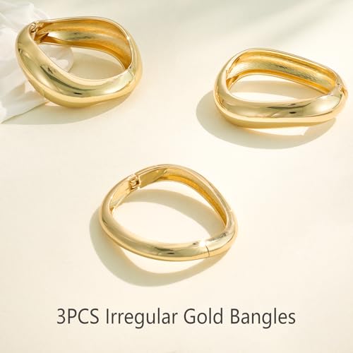Emibele Gold Bangles for Women, 2PCS Irregular Chunky Gold Bracelet Hinged Open Bangle Bracelets for Women, Fashion Wide Arm Cuff Minimalist Chunky Jewelry Gifts for Valentine Christmas Birthday - style: E Gold
