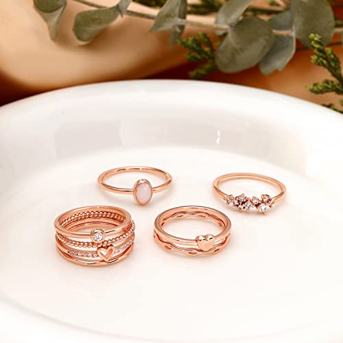RLMOON Gold Ring Set for Women Dainty Silver Rose Gold Stackable Rings | 14K Gold Plated Simple Heart CZ Pinky Stacking Thumb Rings Plain Band Size 4-12(8-12PCS) - color: Rose Gold Rings