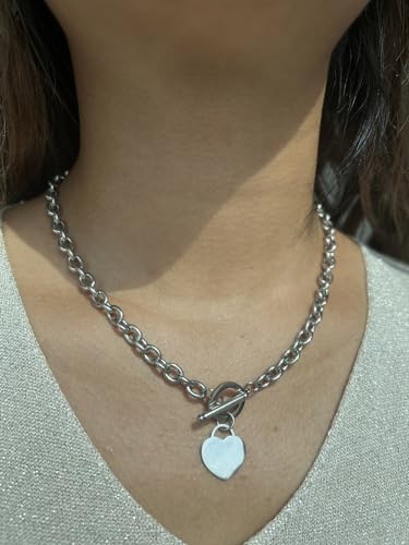 WangGao Elegent Love Stainless Steel Link Chain Blank Heart Charms Necklace for Women Toggle Clasp Closure - color: Silver, size: 17.72inches