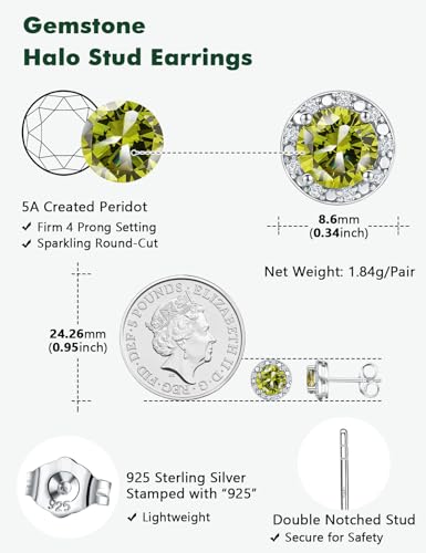 Dainty Birthstone Earrings for Women Sterling Silver Small Stud Earrings with Halo Cushion/Round Created Gemstone Earrings Birthstone Jewelry - style: B 08. Aug./created peridot-round cut