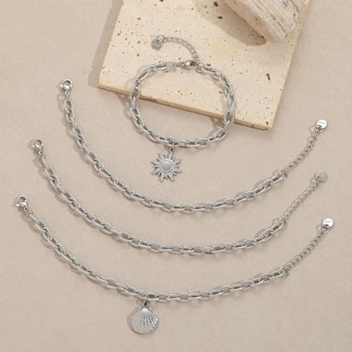 10 PCS Bracelets for Women Stainless Steel Chain Link Bracelet Set | 6.7 Inches with Extender, Jewelry Gifts for DIY, Chains Bulk, Oval, Curb, Figaro Chains, 18K Gold Plated, Silver, Chunky - color: Oval Silver