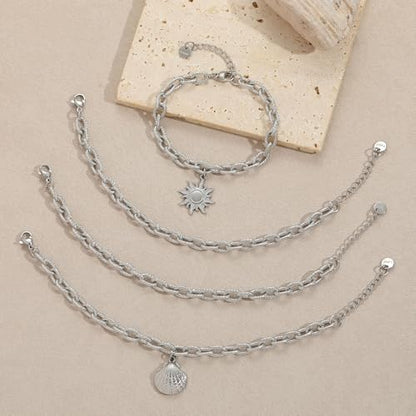 10 PCS Bracelets for Women Stainless Steel Chain Link Bracelet Set | 6.7 Inches with Extender, Jewelry Gifts for DIY, Chains Bulk, Oval, Curb, Figaro Chains, 18K Gold Plated, Silver, Chunky - color: Oval Silver