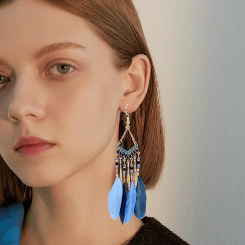 Faux Feather Fringe Tassel Long Dangle Earrings for Women | Bohemian Women Tassel Drop Jewelry - color: blue