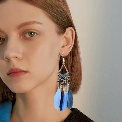 Faux Feather Fringe Tassel Long Dangle Earrings for Women | Bohemian Women Tassel Drop Jewelry - color: blue