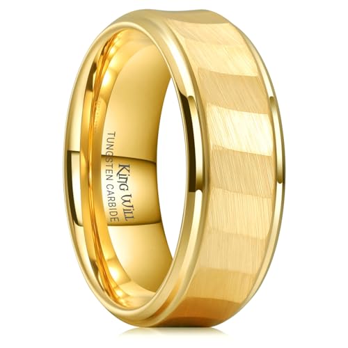 King Will Classic Tungsten Carbide Ring Brushed Two Grooved Center Hammered Design Mens Wedding Band for Men | Black/Silver/Gold, 8mm, Men's Wedding Band, Grooved, Comfort Fit, Everyday Wear - color: D-Gold Hammerd Design