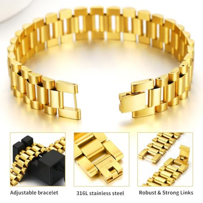 ChainsHouse Men Stainless Steel Bracelet Adjustable Custom ID Engraved Gift | Personalized Silver/Gold/Black for Birthday Father Husband Boyfriend with Gift Box Adjustable Tool 10mm/15mm/15.5mm 8.3"/8.7" - color: H.15.5mm Width-Gold-No Custom