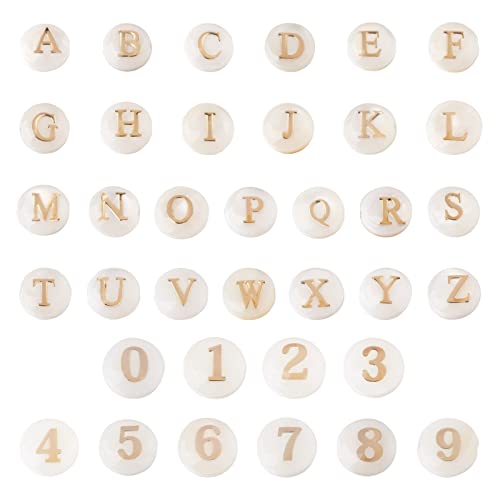 Craftdady 36Pcs Freshwater Shell Beads 8mm Flat Round Letter Bead Charms Alphabet A~Z Shell Cabochons Number Bead Charms for Name Bracelets Necklaces Earrings Jewelry Crafts Making - color: Golden Letter & Number Beads