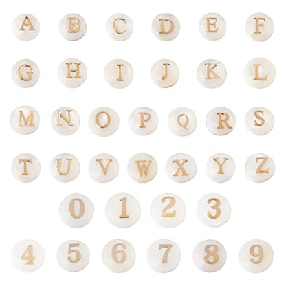 Craftdady 36Pcs Freshwater Shell Beads 8mm Flat Round Letter Bead Charms Alphabet A~Z Shell Cabochons Number Bead Charms for Name Bracelets Necklaces Earrings Jewelry Crafts Making - color: Golden Letter & Number Beads