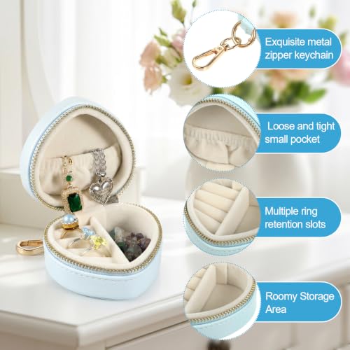 Small Jewelry Travel Case with Keychain Mini Jewelry Box for Rings Earrings Necklaces PU Leather Zipper Heart Jewelry Pouch for Women Travel Essentials Blue - color: blue