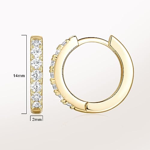 NEARLAND 14K Gold Hoop Earrings for Women 14K Gold Earrings for Women | Small Gold Hoop Earrings for Women Round Cubic Zirconia Lightweight Gold Huggie Hoop Earrings for Women 12/14/16/20/25/30mm - size: 14mm