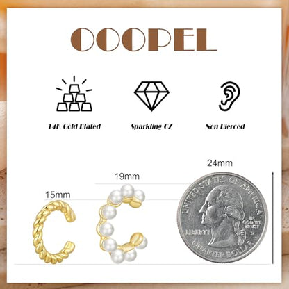 OOOPEL 3 Pairs 14K Gold Plated Ear Cuffs Non Piercing Lightweight Stackable Chunky Earring Cuff for Women Adjustable Non-Fading Fake Earrings Suitable for Christmas Gift - style: Pearl