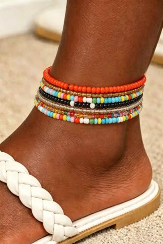 Yalice 7Pcs Beaded Ankle Bracelets for Women Dainty Layering Anklets Set Boho Waterproof Ankle Jewelry for Summer Beach