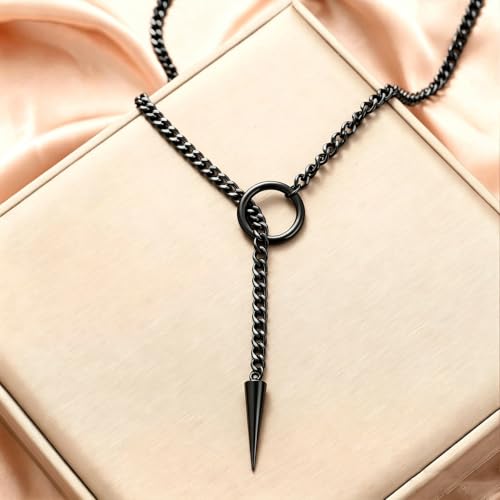 Slip Chain Necklaces for Women Stainless Steel Bar Pendant Choker Necklace Boho Handmade Long Lariat Necklace Silver Statement Punk Rock Collar Jewelry - style: Black awl