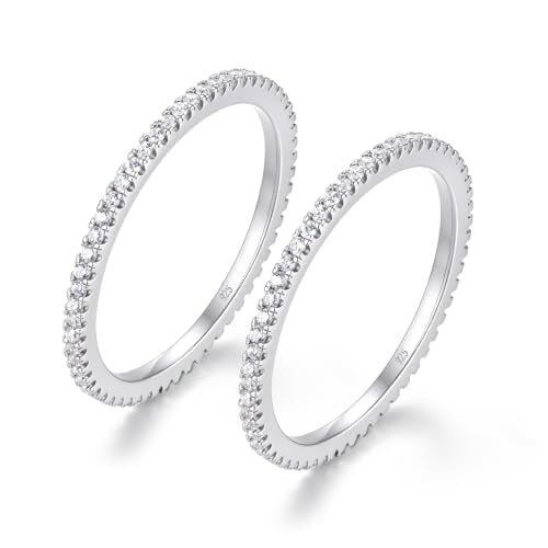 BORUO Sterling Silver Ring - Wedding Bands for Women, Eternity Band, Cubic Zirconia Simulated Diamond Stackable Band for Oura Ring Gen3/4-1.5mm 3mm Band Size 4-12 - color: 2-Pack 1.5mm Sterling Silver