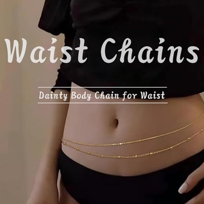 Gold Body Chain for Waist for Women 2Pcs, Jewelry for Beach Accessories | 26.77-52.36In, Adjustable, 14K Gold-plated, Waterproof, Equipped with 2 Extension Chains, Brass, Great for Beach/Dating/Party - style: Bead chain