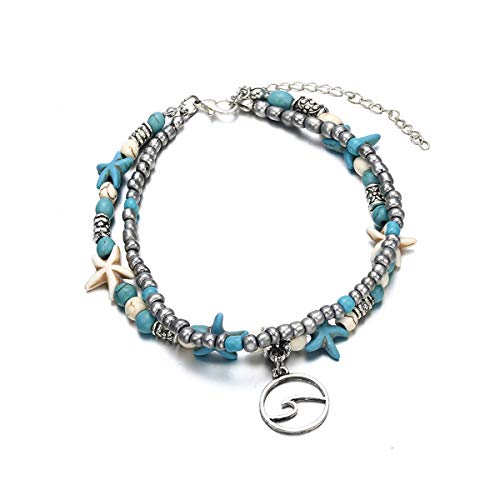 Softones Blue Starfish Turtle Anklet Multilayer Charm Beads Sea Handmade Boho Anklet Foot Jewelry for Women - style: B:Wave
