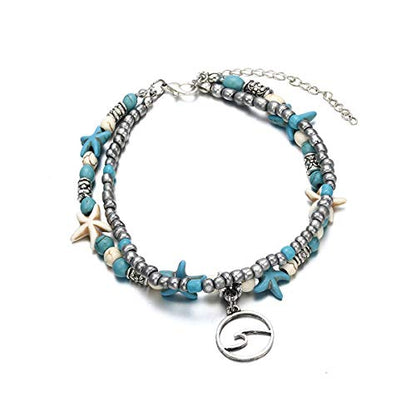 Softones Blue Starfish Turtle Anklet Multilayer Charm Beads Sea Handmade Boho Anklet Foot Jewelry for Women - style: B:Wave