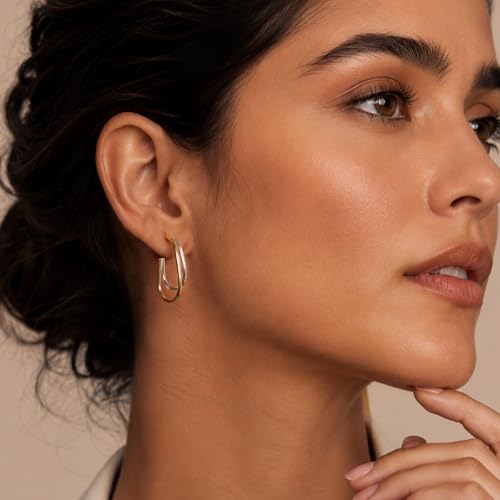 LeCalla Real 925 Sterling Silver C Hoop Earrings | Lightweight Small Hoops Italian Half Earring Hoops for Women - color: Two-Tone Oval Hoops-25mm