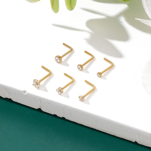 Gotumo 20G Nose Rings Titanium Nose Studs Cubic Zirconia Straight Nose Piercing Jewelry Hypoallergenic Nose Rings Studs for Women Men 6pcs set Silver - color: Gold, size: 20G L Shaped 6pcs
