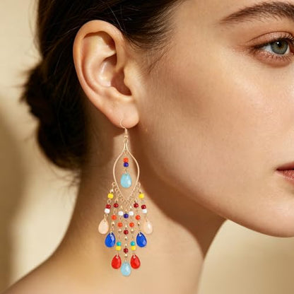 Boho Chandelier Earrings, Beaded Tasse Dangle Earring for Women, Red, Black, Blue, White, Colorful Long Earrings - color: Colorful