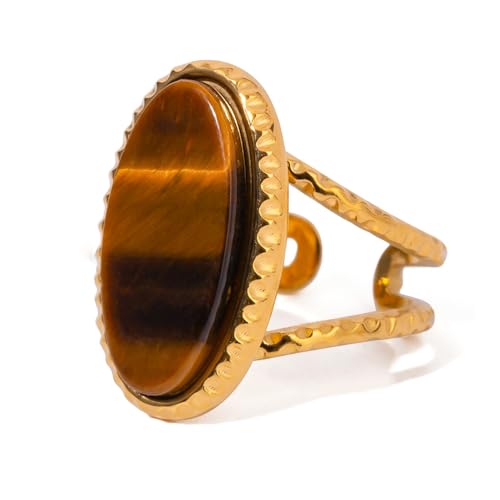 Western Captivating Tiger's Eye Stone Ring,Solitaire 8 * 10mm Oval Cut Gemstone 18K Gold Plated Stack 13mm Wide Ribbed Texture Band Statement Ring for Women - style: Tiger's Eye G