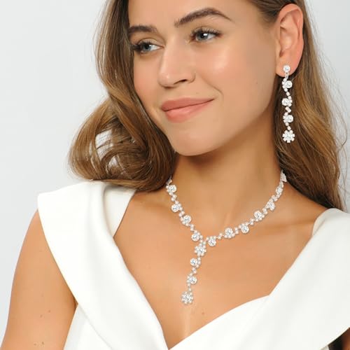 Crysdue Women's Wedding Bridal Jewelry Set for Brides Bridesmaids Cubic Zirconia Flower Leaf Vine Necklace Dangle Earrings for Prom Party - style: 27-silver