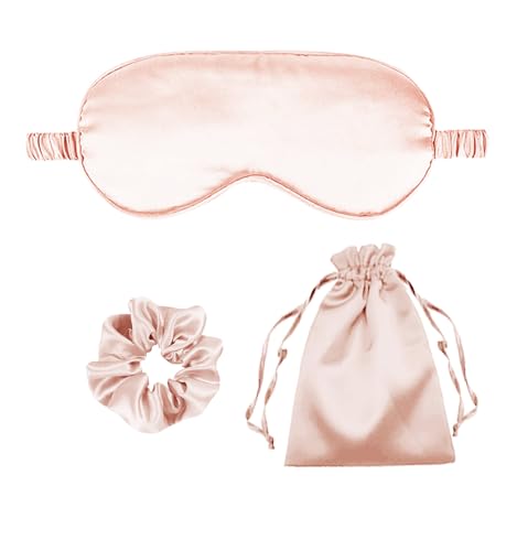 3Pcs Satin Eye Mask Silk Sleep Masks Set Silky Blindfold Eyeshade Blackout Eyes Cover Pouches Bag Scrunchy Wedding Gift - color: Blush