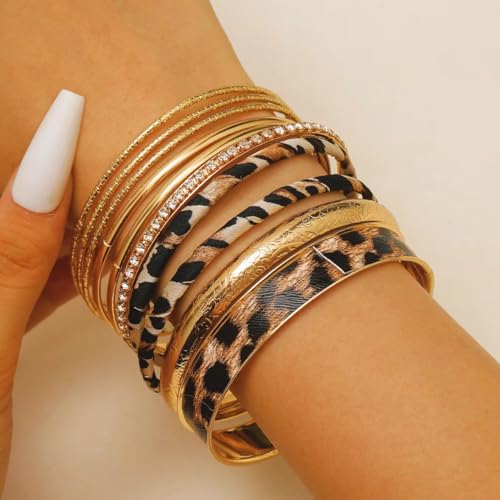Gold Bangle Bracelets for Women, 14k Gold Plated Multi Layer Textured Stackable Open Bracelet Set Boho Indian Bangles Stackable Set Trendy Elegance Charms Non Tarnish Minimalist Bangle Pack - style: Leopard 10Pcs