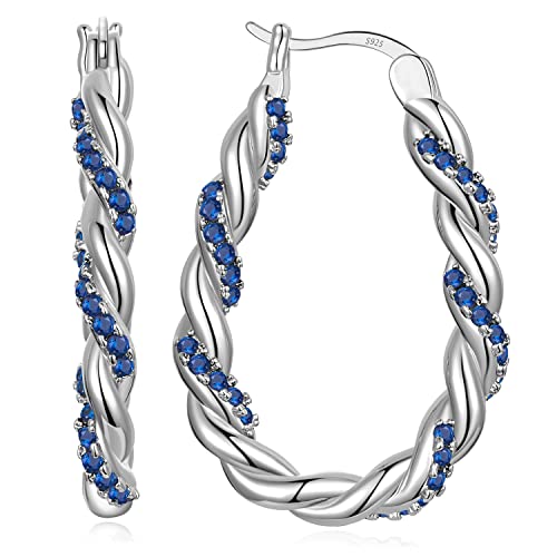 14K Gold Plated Hoop Earrings 925 Sterling Silver Post Earring for Women - color: Whtie-Blue CZ