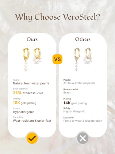Pearl Earrings VeroSteel Dangle Earrings for Women, Dainty 14k Gold Huggie Hoop Earrings with Pearls, Trendy Pearl Drop Earrings, Stainless Steel Hypoallergenic Stud Earrings For Sensitive Ears - style: Asymmetric