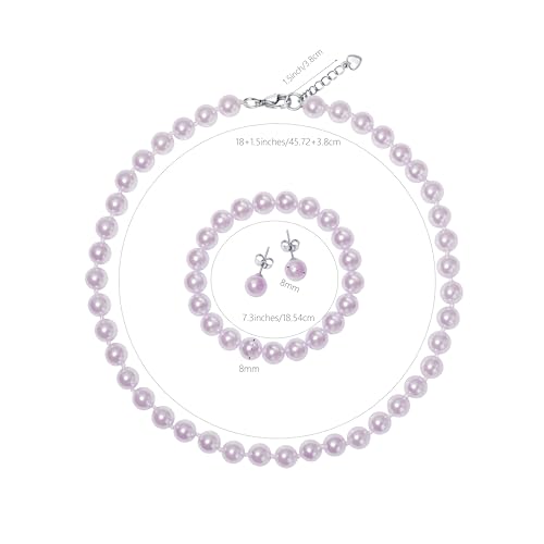 8mm Faux Pearl Necklace Set, Bracelet Earrings for Women & Girls | Glass Material, Handmade Jewelry Detail, Party & Formal Event Style - style: Purple 18 inches