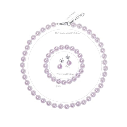 8mm Faux Pearl Necklace Set, Bracelet Earrings for Women & Girls | Glass Material, Handmade Jewelry Detail, Party & Formal Event Style - style: Purple 18 inches