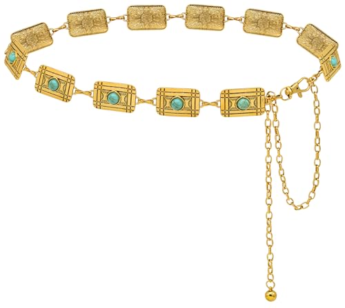 Waist Chain Belts Women Girls Metal Belly Link | Adjustable Waist Belt for Jeans and Dress - color: Gold Turquoise Square, size: L: 53.1 in