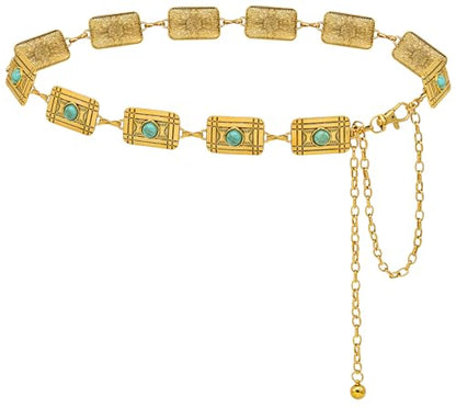 Waist Chain Belts Women Girls Metal Belly Link | Adjustable Waist Belt for Jeans and Dress - color: Gold Turquoise Square, size: L: 53.1 in