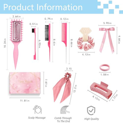 Curly Hair Brush,Curl Defining Brush,Slick Back Hair Brush,Rat Tail Comb,Edge Bristle Brush,Clip Claw,Bow,Satin Scrunchies,No Damage Hair Ties,Scarf Hair Ties,Gifts For Women,Best Gift Set(Purple) - color: Exquisite gift box（Purple)