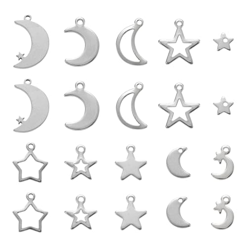 8-64Pcs Silver Goldern Color Heart Pendants Charms 10 Styles Heart Stainless Steel Metal Charms for Jewelry Making Crafting Necklaces Bracelets Earrings Keychains Birthday Gift - color: Moon Star-60 pcs