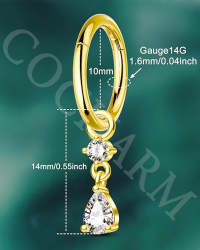 Clicker Belly Button Rings 14G Gold Plated Belly Navel Rings for Women Dangle Navel Piercing Jewelry Stainless Steel 8/10MM - color: YG-10MM